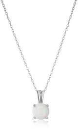 Amazon Essentials womens Sterling Silver Round Cut Created Opal Birthstone Pendant Necklace (October), 18"