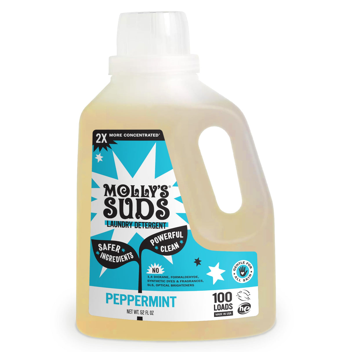 Molly's Suds Liquid Laundry Detergent | Clean Laundry Detergent Soap for Sensitive Skin | 2x Concentrated, High Efficiency (HE) | Peppermint - 100 Loads