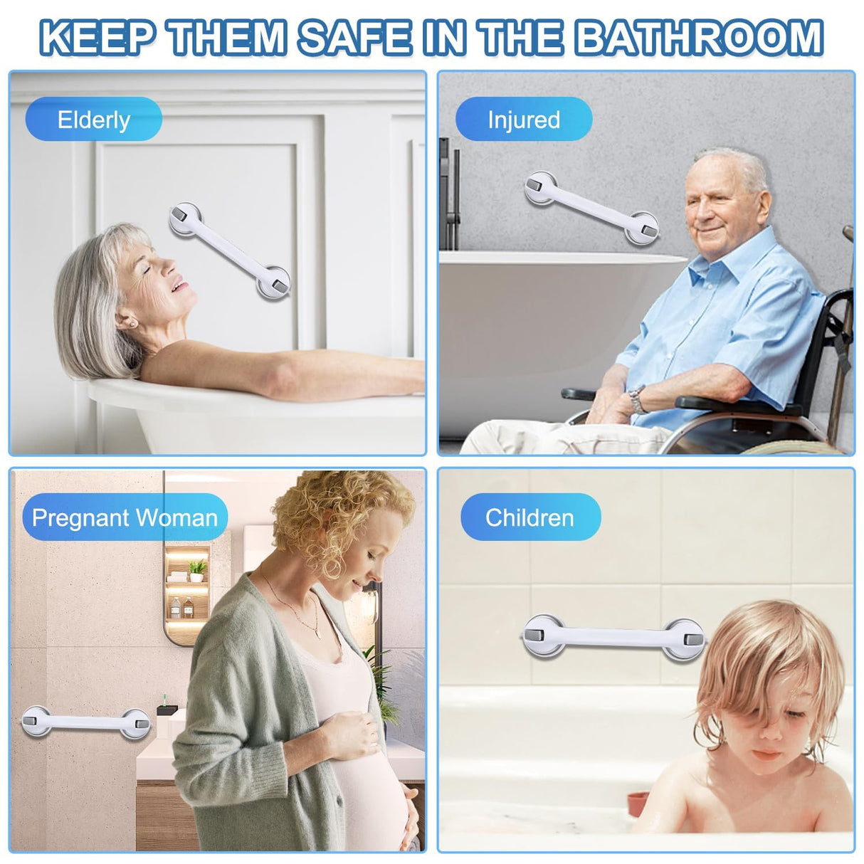 Grab Bars for Bathtubs and Showers, 2 Pack Shower Handle 16 Inch Strong Suction Shower Bar, Safety Bars for Shower Chair, Bathroom Grab Bar for Senior (Gray White)