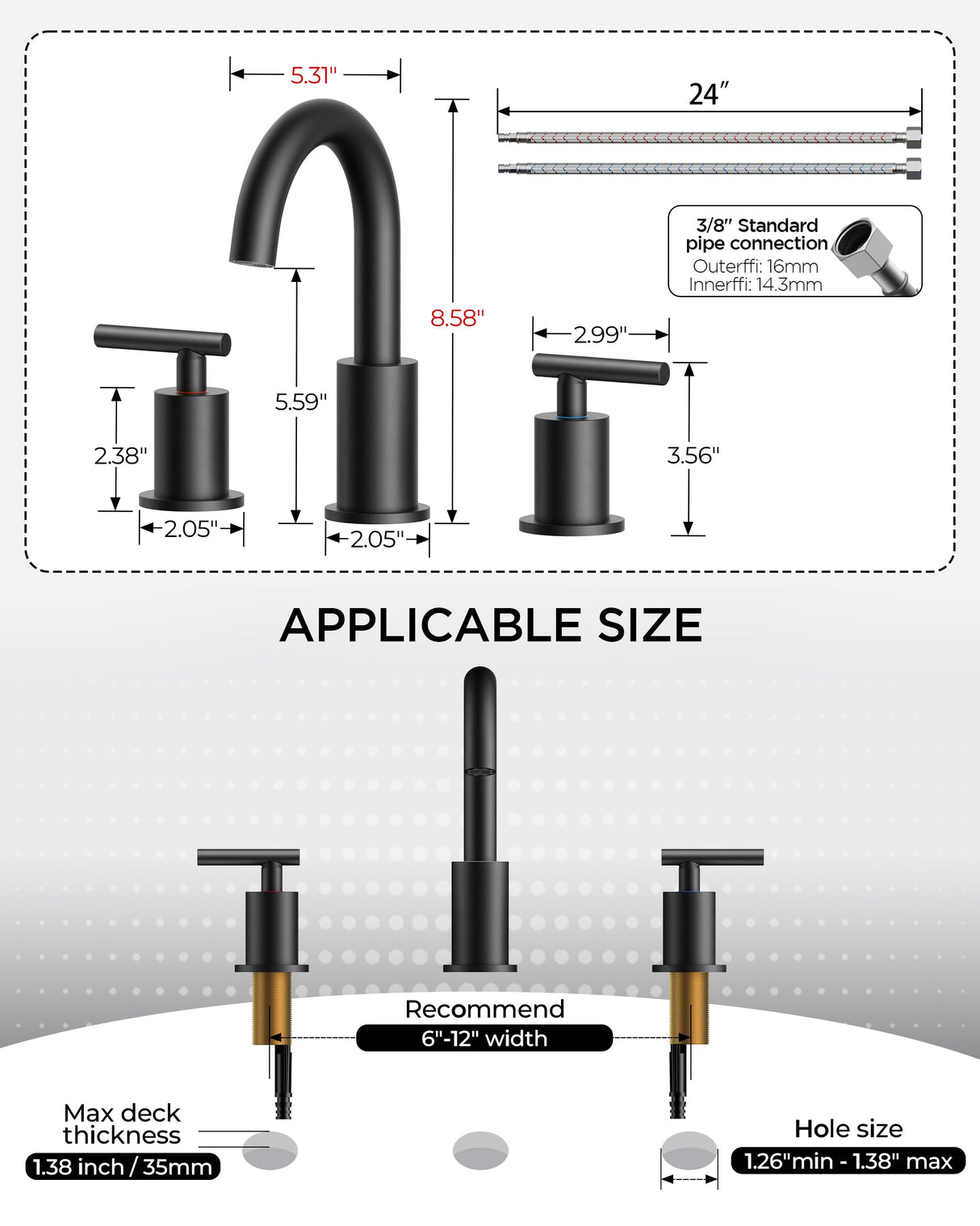 FORIOUS Black Bathroom Faucet 3 Hole, 8 Inch Matte Black Bathroom Sink Faucet Widespread with 360° Swivel Spout, Suitable for 6-12 Inch Vanity Sink, with Pop-up Drain and cUPC Supply Line