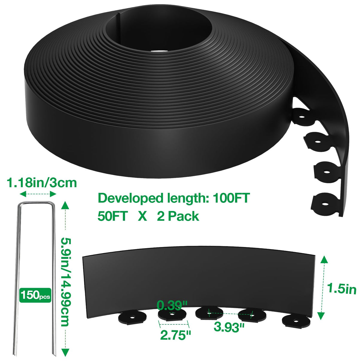 Bonviee 100FT Landscape Edging Kit, 1.5”No-Dig Garden Edging Border with 150 Stainless Steel Stakes, 2 x 50FT Flexible Lawn Edging for Flower Beds, Yard, Tree Rings & Landscaping