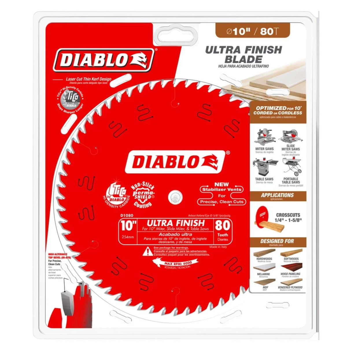 Diablo Ultra Finish Saw Blade for Wood - 10" Diameter, 80 Hi-ATB Teeth, 5/8" Arbor, .098" Kerf, 15° Hook Angle, .071" Plate, 6000 Max RPM - D1080X