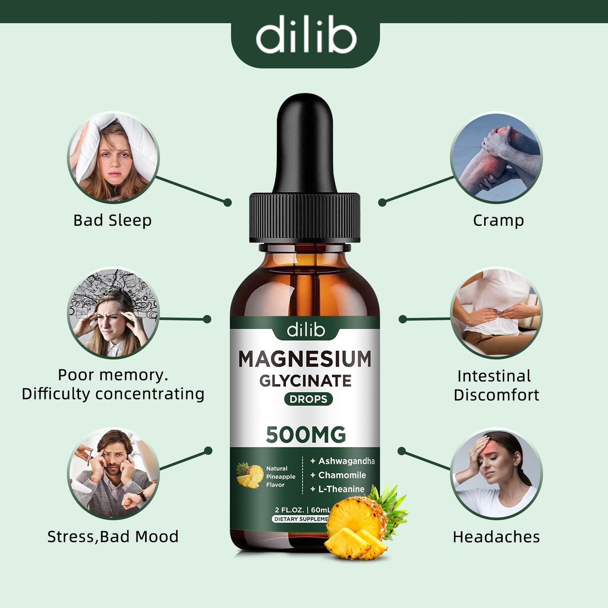 dilib Magnesium Glycinate 500mg - Liquid Magnesium Drops, Ashwagandha, L - Theanine, Chamomile - Calm & Stress Relief, Relaxation, Restful Sleep, Muscle Heart Health, Vegan - 2 Fl Oz (30 Days)