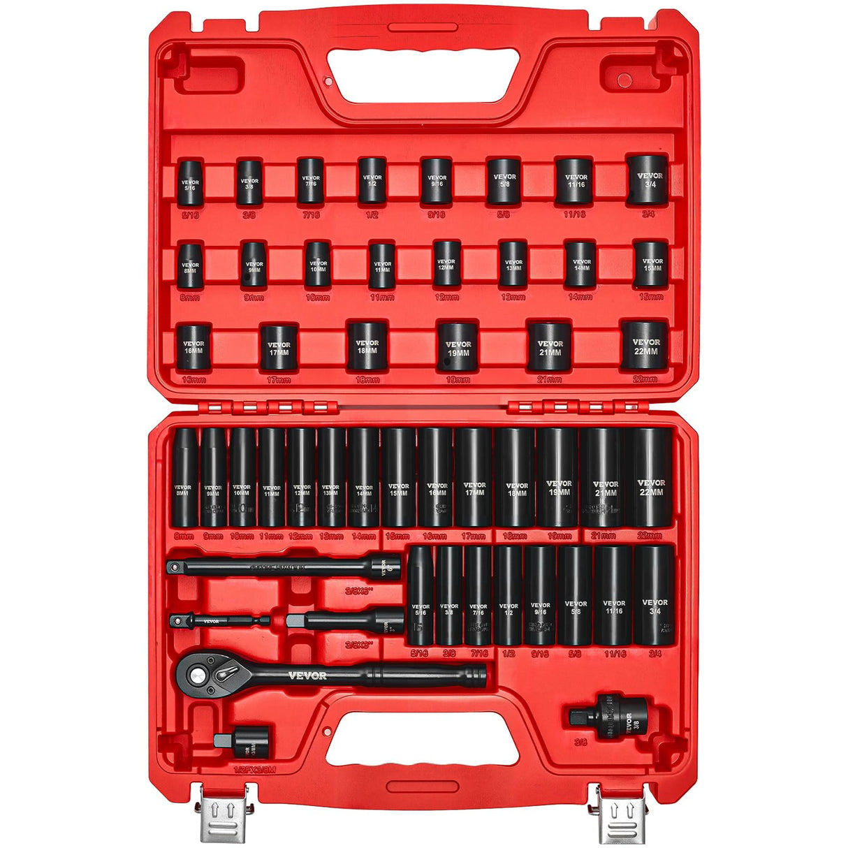 VEVOR 3/8" Drive Impact Socket Set, 50-Piece Standard SAE (5/16 to 3/4 inch) & Metric (8-22 mm) Size, Deep & Shallow, 6 Point, CR-V, Ratchet Handle, Extension Bars, Universal Joint, Reducer, Adapter