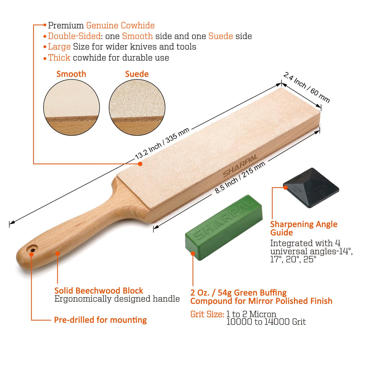 SHARPAL 205H Double-Sided Leather Strop 13.2" x 2.4" Kit, Genuine Cowhide Stropping Block with 2 oz Polishing Compound & Angle Guide, Knife Strop for Honing Knives, Tools, Gifts for Men