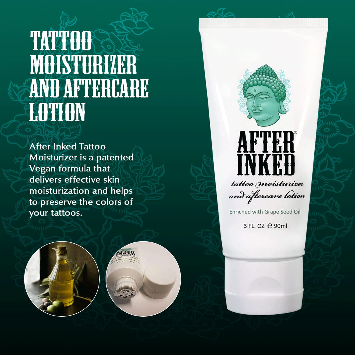 After Inked Tattoo Aftercare Lotion – Moisturizing Balm for Inked Skin, As Seen on INK MASTER – Hydrating Cream with Grape Seed Oil, Skin Nourishment & Daily Maintenance – 3 Fluid oz Tube (1-Pack)