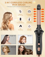 Cordless Curling Iron Rechargeable,USB Rechargeable 4000 mAh Cordless Hair Curler,3 Temp Setting Mini Travel Battery Powered Curling Iron,2 in 1 Hair Straightener and Curler