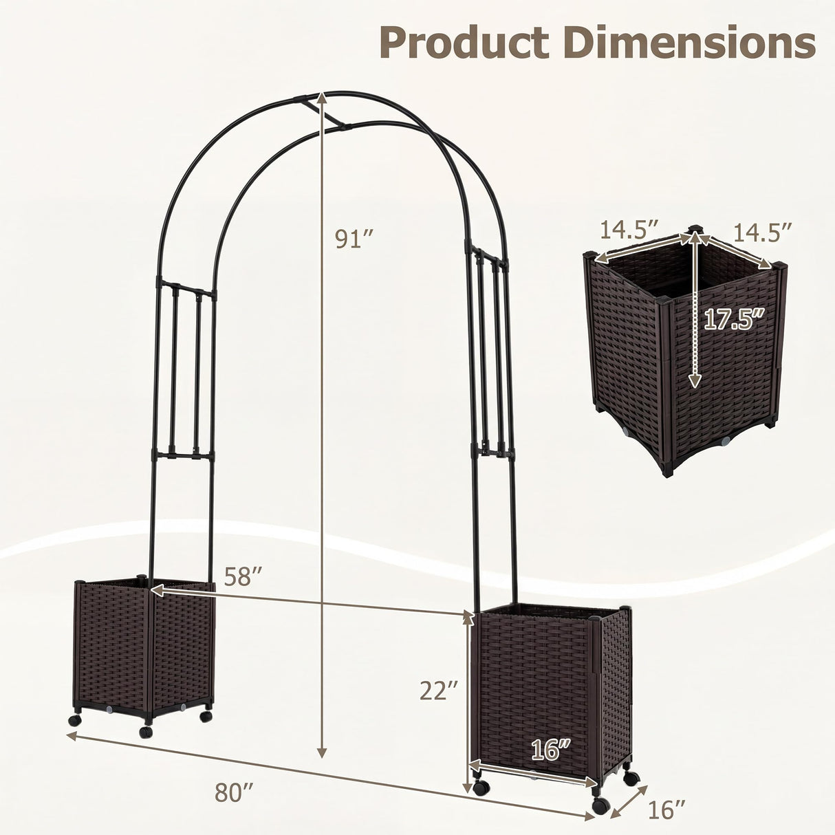 Giantex Metal Garden Arch Trellis Arbor with 2 Self-Watering Planter Boxes, 80" L x 16" W x 91" H PE-Coated Archway with Lockable Rolling Wheels for Climbing Vines, Yard Lawn Party Decorations