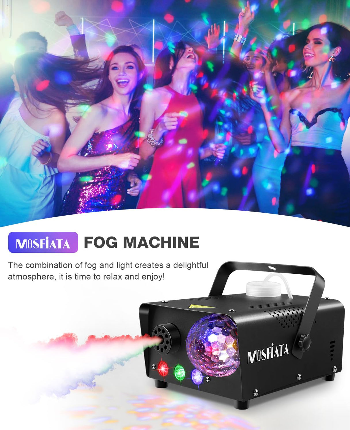 MOSFiATA Fog Machine with Disco Light 600W Smoke Machine RGB LED lights, 2300 CFM Spray, Remote Control, Perfect for Halloween, Christmas, Wedding, Party, Club, DJ Stage Effect