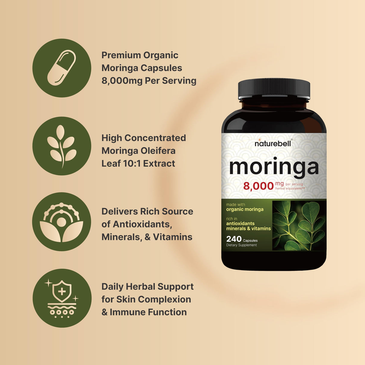 NatureBell 2 Pack Moringa Capsules 8000mg Per Serving, 480 Total Capsules | Green Superfood, Skin Health & Immune Support | Non-GMO, Gluten Free