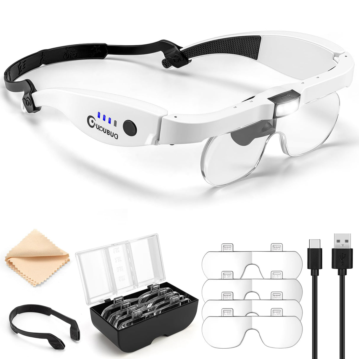 GUOUBUO Magnifying Glass with Light, 1.5X-5.0X Magnifying Glasses, Rechargeable Magnifier Headset with Light, Head Magnifier with 4 Detachable Lenses, Magnify Glasses for Close Work Crafts Jewelry