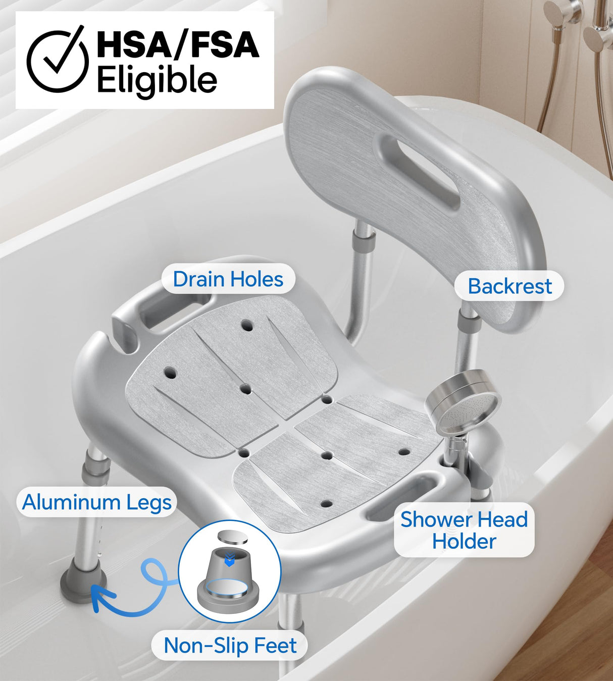 HOMLAND Shower Chair for Inside Shower with Removable Back, FSA/HSA Eligible Adjustable Height, Non-Slip Heavy Duty Bath Chair for Bathtub, 350 lbs Shower Seat for Elderly and Disabled, Grey