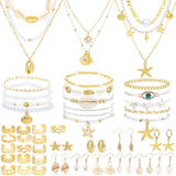 NEWITIN 49 Pieces Gold Jewelry Set for Women Boho Beach Jewelry Set Summer Ocean Seashell Starfish Necklaces Bracelets Toe Rings Earrings for Women