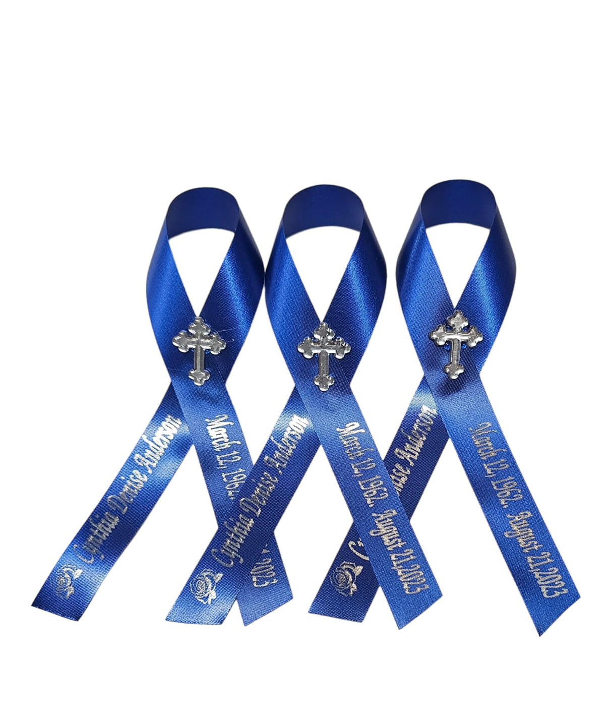 Personalized Memorial Service Funeral Ribbon Pins 20 Cross Religious Celebration of Life Custom Made Awareness Remembrance Anniversary Death Cross Sympathy In Loving Memory Angel (Royal Blue)