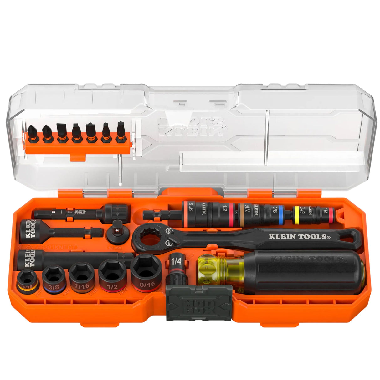 Klein Tools 65302KNECT Impact Socket Set, KNECT (S) 33-Piece SAE and Metric Pass-Through Socket Tool Set, Impact Driver Adapter, MODbox Tool Organization