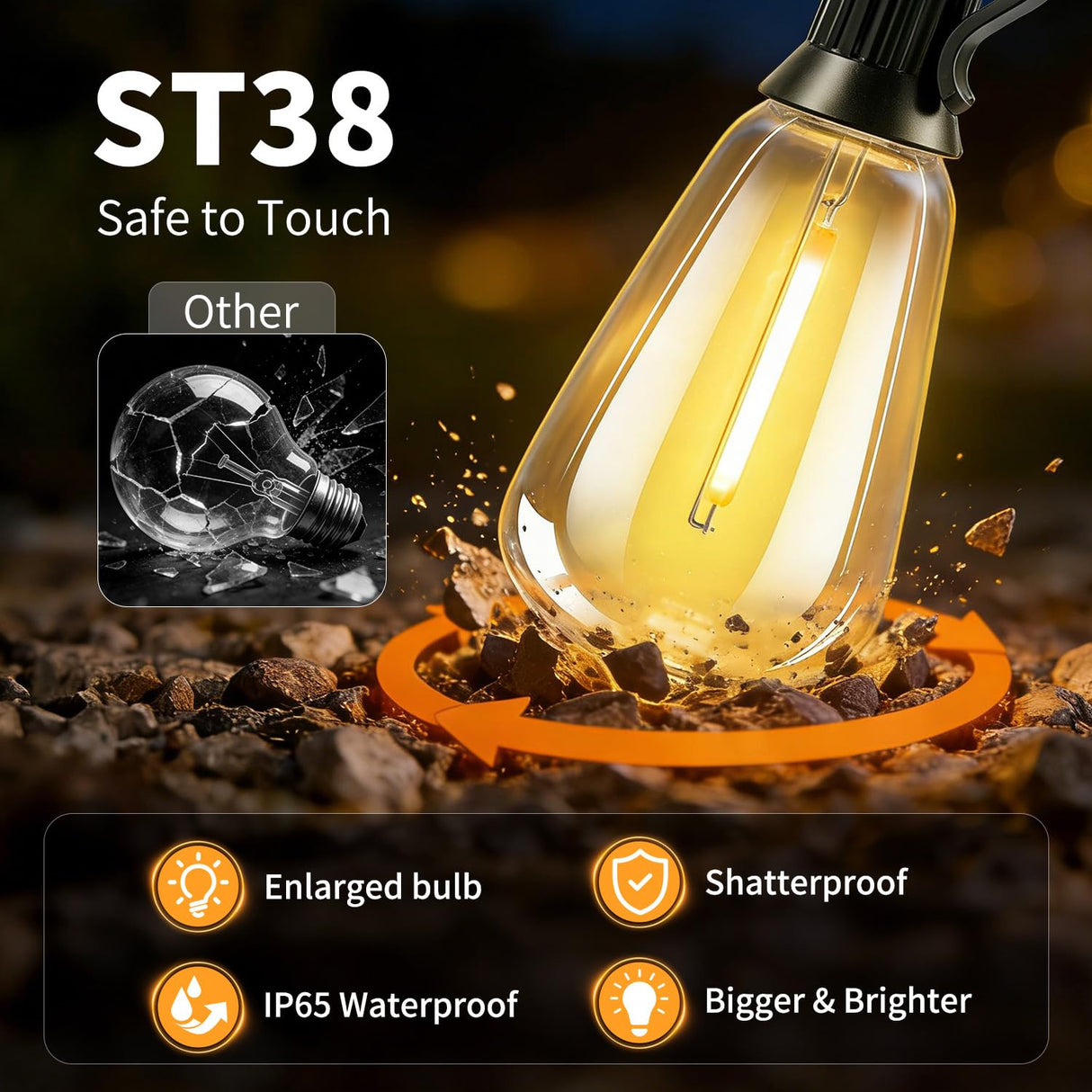 FUANXIEI Outdoor Solar String Lights Waterproof: ST38 50ft Shatterproof Patio Lights - Solar Powered & USB Dual Charging - 3 Modes Button Control - Garden Backyard Gazebo Porch Party Decor