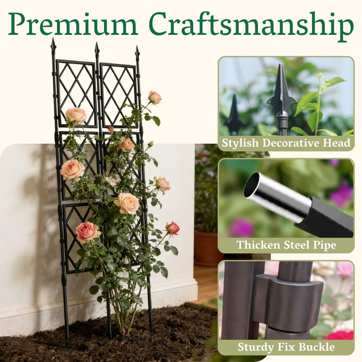 Garden Trellis Frame for Climbing Plants Outdoor | 65 Inch PE-Coated Metal Pipes & Plastic Grids Rose Wall Trellis | Rustproof Privacy Screen Plant Support Frame for Flowers Vines Vegetables Indoor