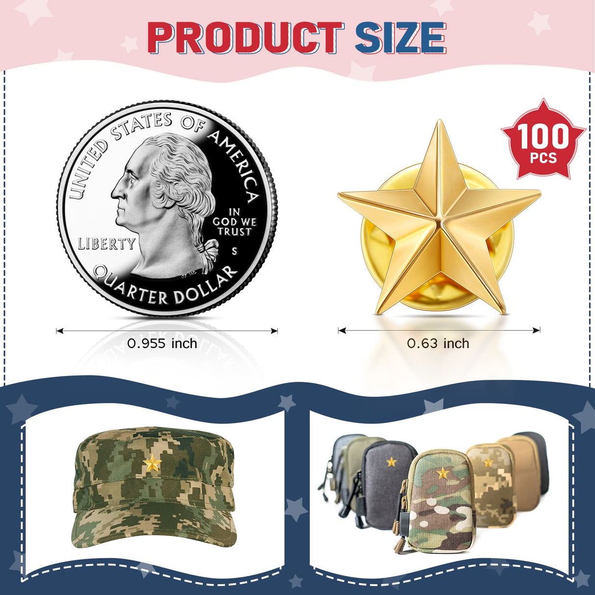Fumete 100 Pcs Gold Star Lapel Pins, Independence Day Star Pins, Military Award Labor Day Brooches for Backpacks Hats 4th of July Costume Decoration