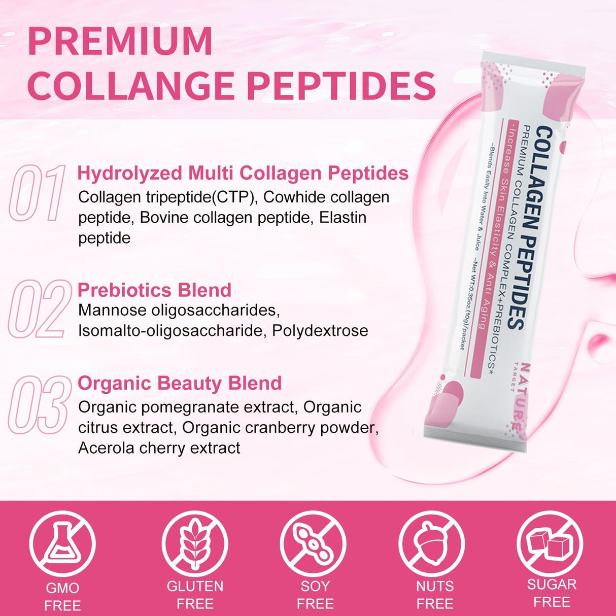 NATURE TARGET Multi Collagen Peptides Powder - Type I, II, III, V, X - Enhanced Absorption, Hydrolyzed Collagen Peptides with Prebiotics, Sugar-Free, Skin Hair Nail & Joint Support, Non-GMO