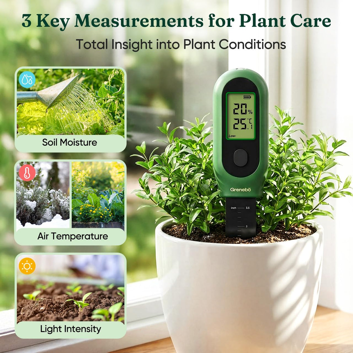 Grenebo 3-in-1 Soil Moisture Meter, Digital Plant Water Meter, Temperature & Sunlight Intensity Sensor, LCD Display Soil Tester for Gardening, Farming, Plant Care, Indoor & Outdoor Plants, 2 Pack