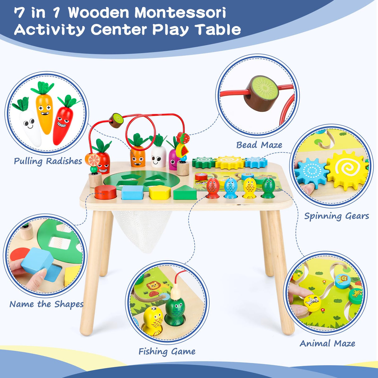 HEYLANDU Activity Table, Montessori Toys for 1 2 Year Old Girls Boy Gifts, 7 in 1 Wooden Sensory Play Table for Toddler 1 2 3, Learning Toys for Baby 12-18 Months 1st Christmas Birthday Gifts