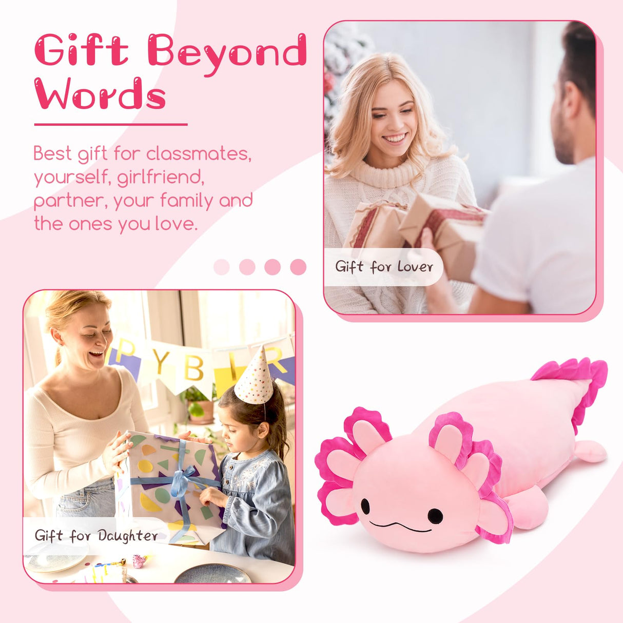 BENINY Large Axolotl Plush Toy, 39" Giant Hot Pink Axolotl Stuffed Animal Plush, Big Huggable Toys Gift for Girls Kids, Long Squishy Pillow for Holiday Birthday Christmas