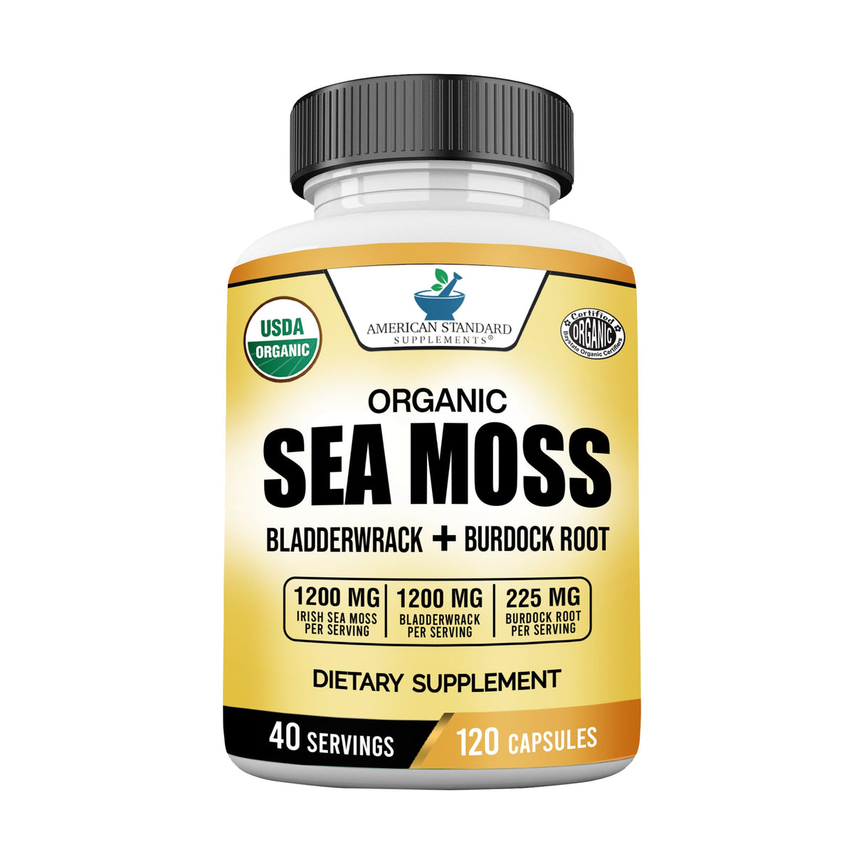 American Standard Supplements Organic Sea Moss, Bladderwrack & Burdock Root Capsules - 1200mg Sea Moss, 1200mg Bladderwrack, 225mg Burdock Root Per Serving - 120 Capsules, 40 Servings