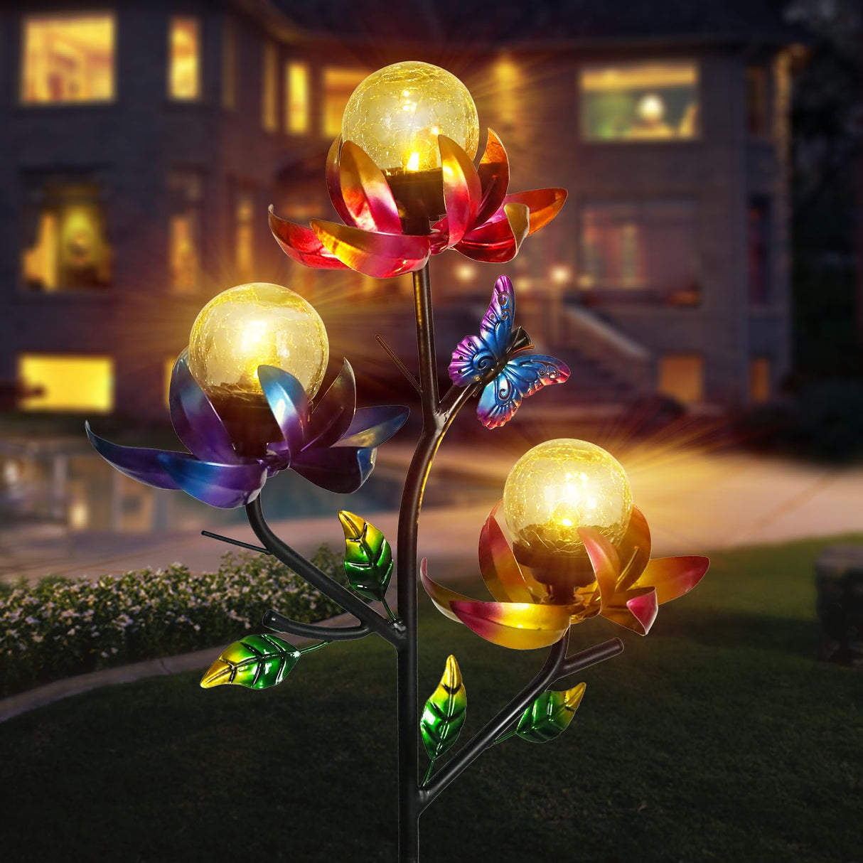 Solar Lights Outdoor Decorative Lotus Flowers Wind Spinner Garden Stake with LED Crackle Balls Solar Wind Sculpture Yard Art Decor for Patio, Lawn & Garden
