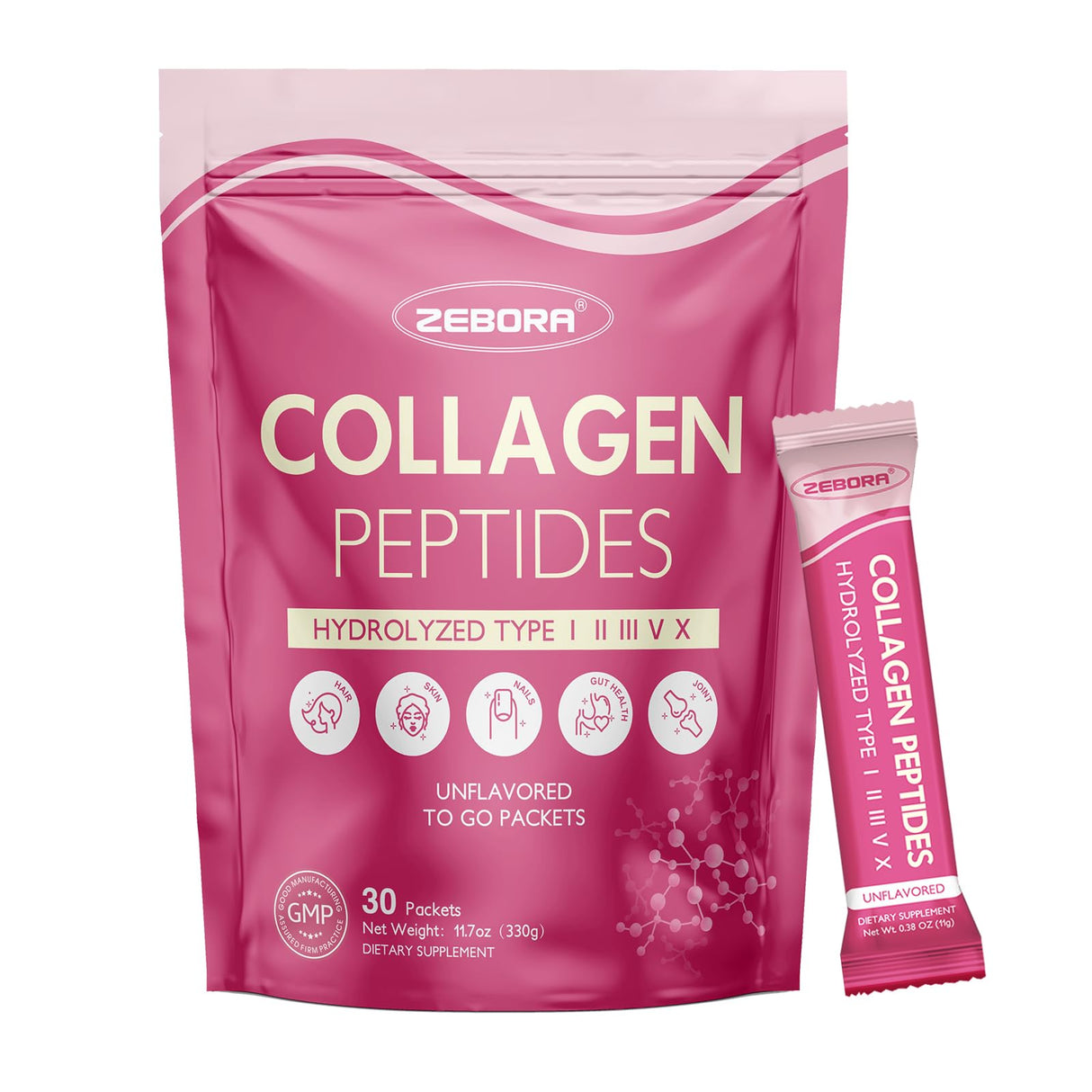 ZEBORA Multi Collagen Peptides Powder Packets with Hyaluronic Acid, Biotin, MCT - Hydrolyzed Collagen with 5 Billion Probiotics - Support Skin Hair Nail & Gut Health - 30 Stick Packs