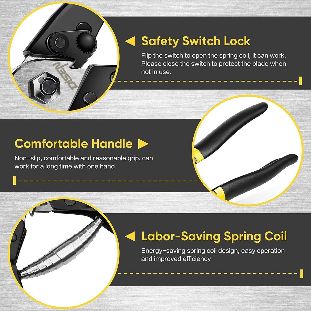 DISEN Wire Cutters Heavy Duty Cutting Up to 3/16", Metal Cable Cutters for Fence Thick Wire, Safety Lock, Spring Loaded, Non-slip Matte Handle, Chrome Vanadium Steel Jaw