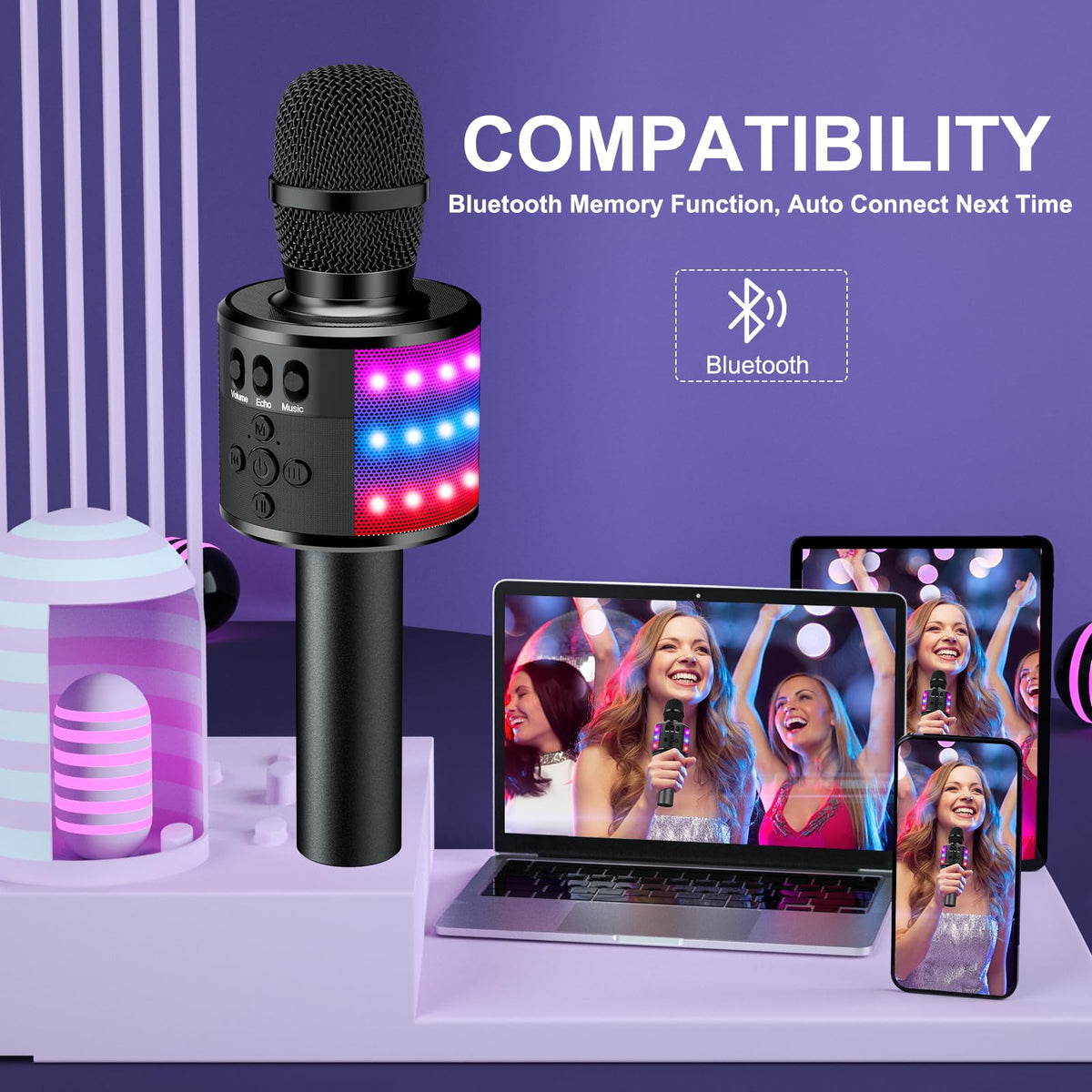 BONAOK Portable Bluetooth Karaoke Mic with Disco Lights for Adults & Kids