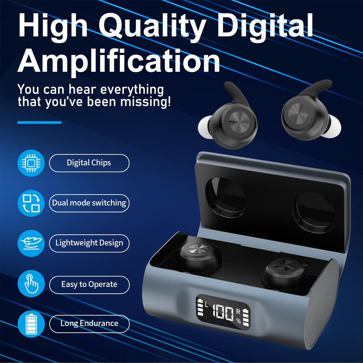 Hearing Aids for Seniors, OTC Hearing Aid Rechargeable with Noise Cancellation Adults, senior Invisible Hearing Amplifier With Portable Charging Case Premium Comfort Designe(Black)