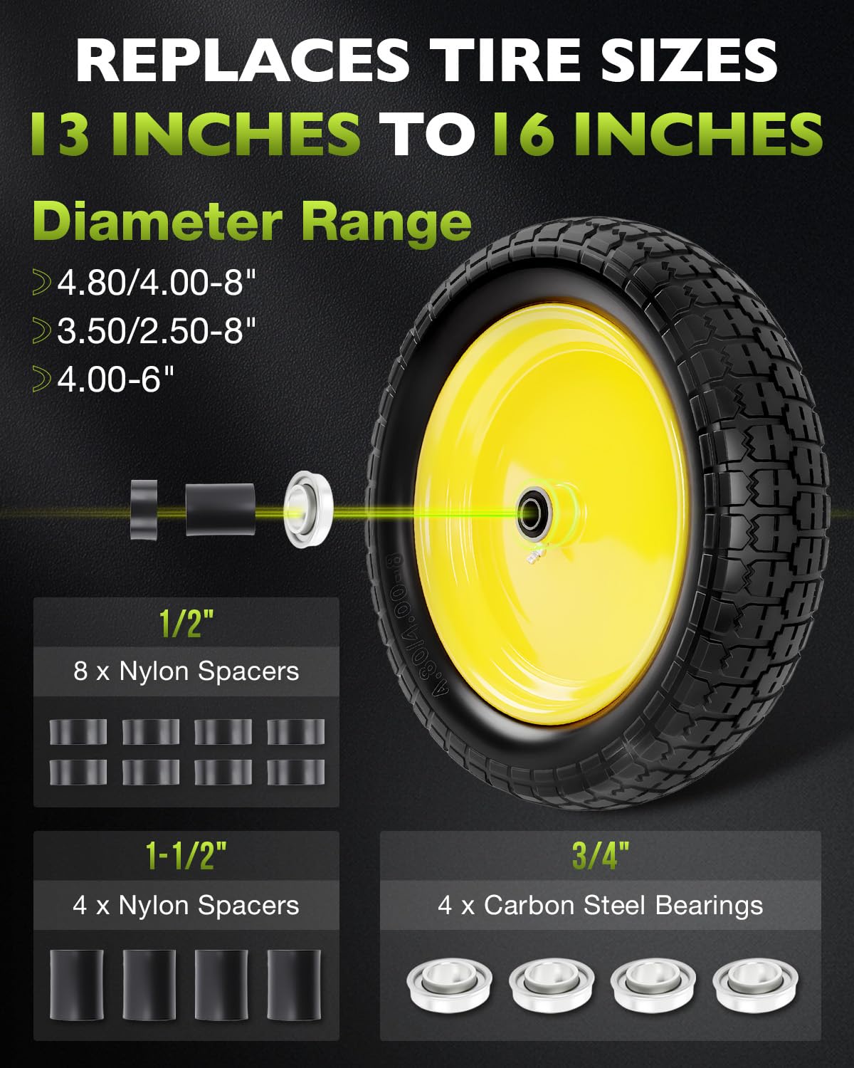 4.80/4.00-8 wheelbarrow tire, 16" Flat Free Solid Tire and Wheel, 2 Pack
