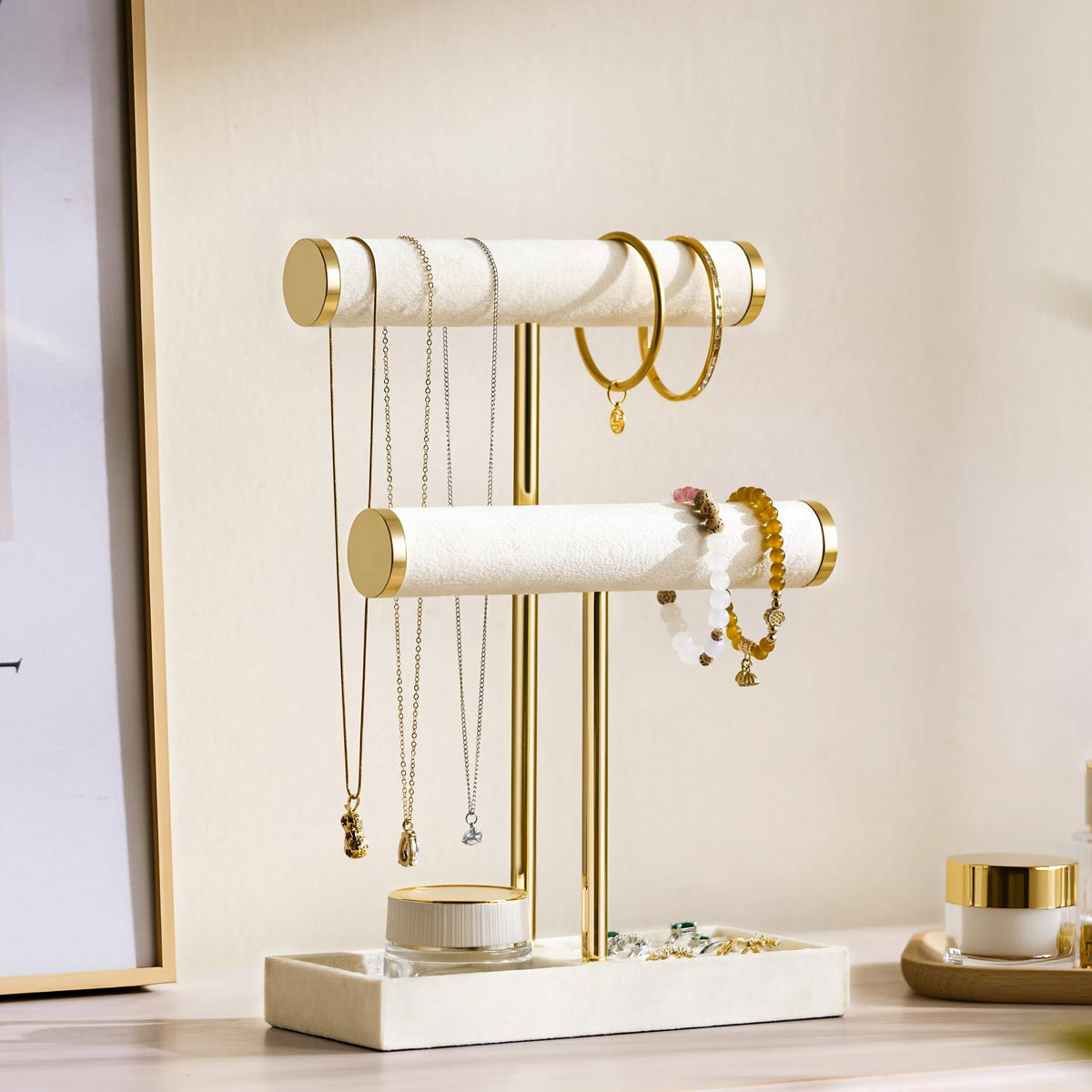 bussdis 2 Tier Bracelet Holder Display, Necklace Holder Organizer, Beige
