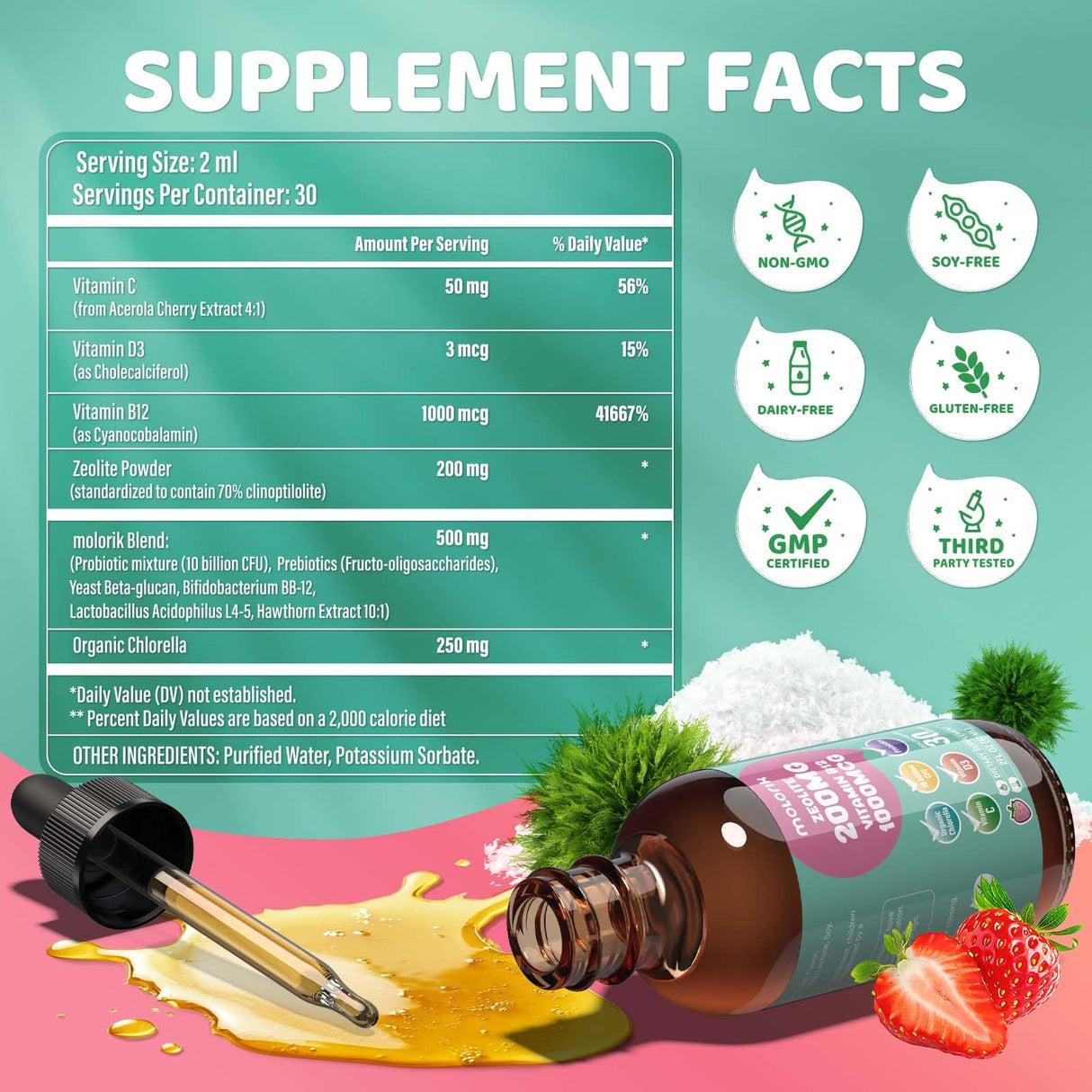 Zeolite Detox for Kids, 200mg Zeolite Liquid Drops with 1000mcg Vitamin B12, 250mg Organic Chlorella, 10 Billion CFU and Prebiotics for Gut Support & Speech, Immune, Bone, Energy, Strawberry, 60ML