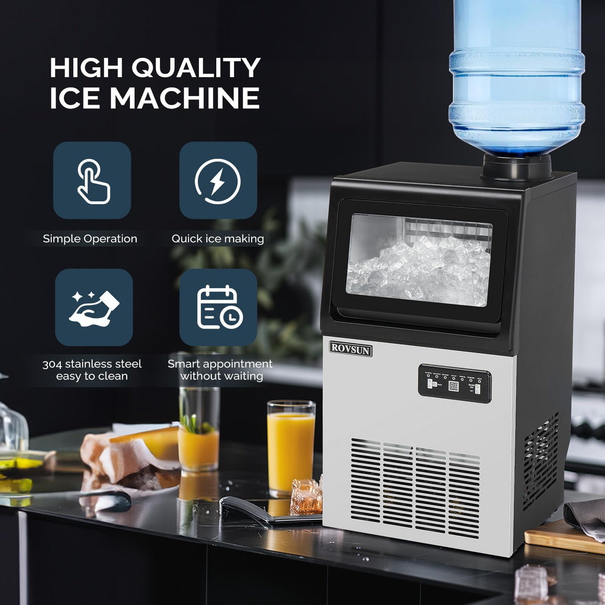 ROVSUN 90LBS/24H Ice Maker Machine with 2 Water Inlets, Freestanding & Countertop Ice Machine with 11lbs Storage Bin, Ice Scoop & Water Filter for Home Office Light Commercial Restaurant Bar Cafe Use