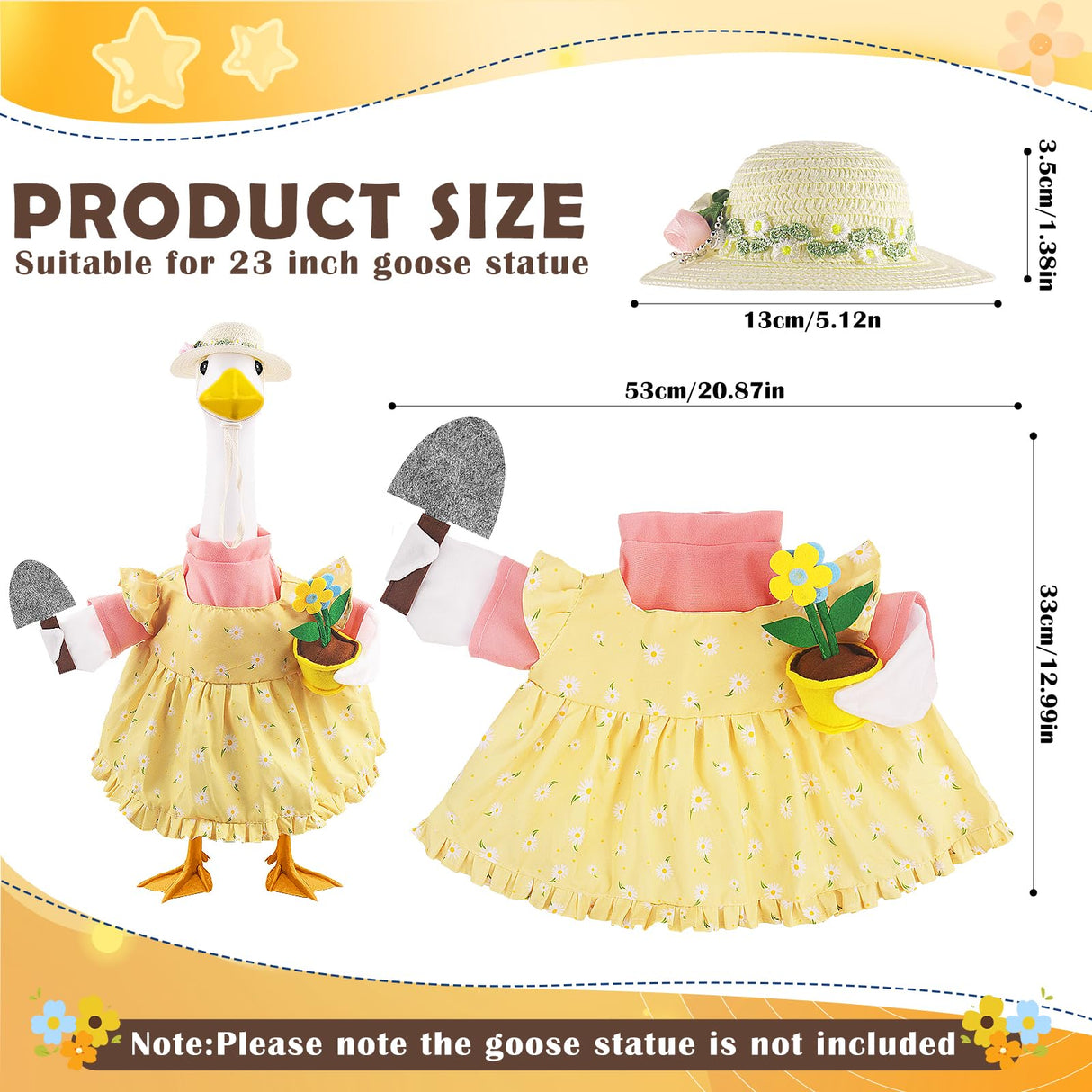 Erythem Gardener Porch Goose Outfits, Cute Spring Porch Goose Clothes with Straw Hat, Shovel & Flower Pot Fits 23" Cement Plastic Geese Statue for Outdoor Garden Yard Decor