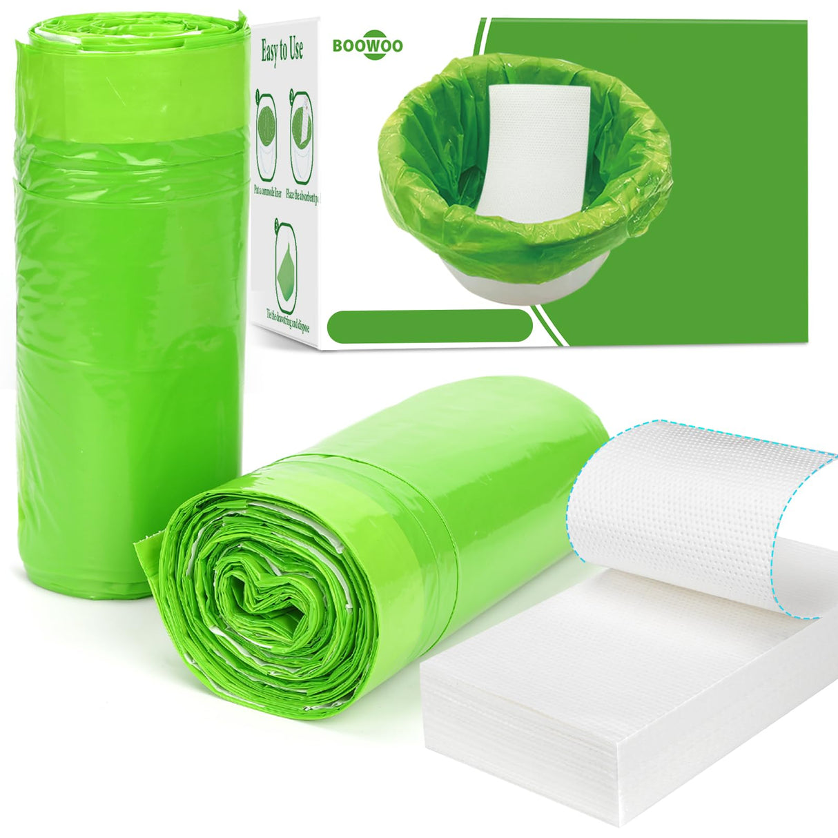 BOOWOO Bedside Commode Liners with Absorbent Pads, 50 Disposable Commode Bags and 50 Pads, Scented Adult Potty Chair Liners, Portable Commode Poop Bags for Commode Chair, Bedpan, Bucket Toilet
