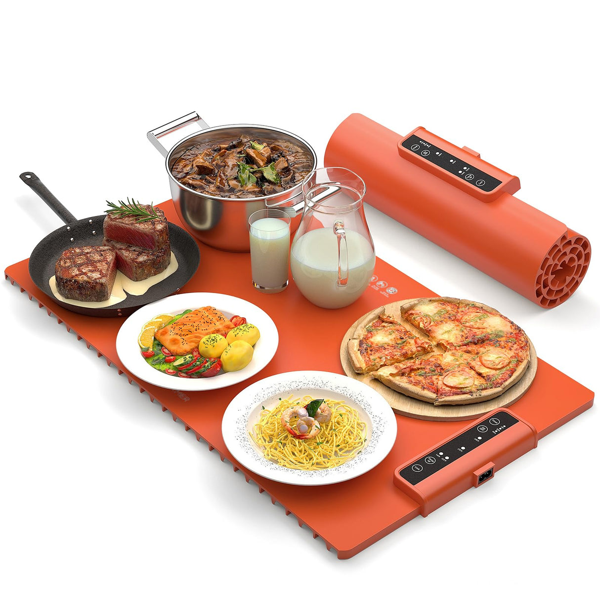 Electric Food Warming Mat: Silicone Food Warmer for Parties Buffet, Portable Fast Heating Pads for Food, Pizza Coffee Tea Heater Meat Defrosting Tray Adjustable Temperature (Orange)