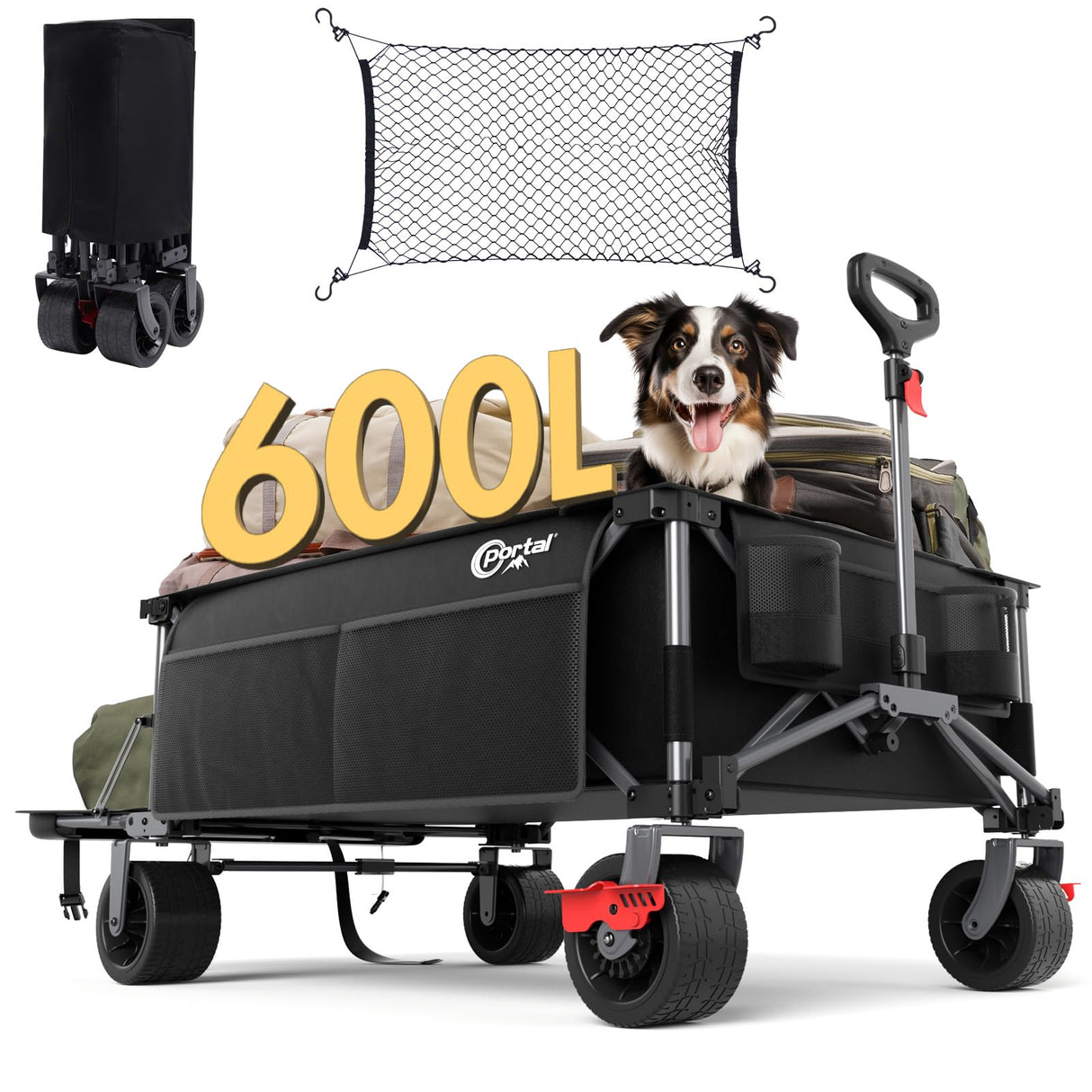 Portal 26" Extra Wide 55" Long Foldable Wagon with Tailgate, Large 600L Collapsible Wagon with Cargo Net, 500 LBs Heavy Duty Utility Cart with Big All-Terrain Wheels for Beach, Camping, Sports, Dogs