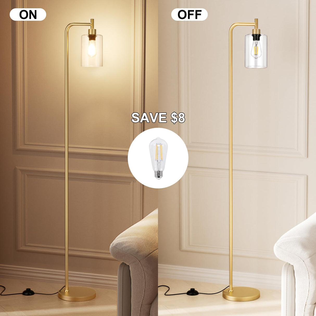 Ziisee Floor Lamps for Living Room - Industrial Standing Lamp with Glass Shade, Modern Gold Floor Lamp with LED Bulbs, Farmhouse Floor Lamp for Bedroom, Tall Lamp for Office - Gold