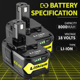 Ultraxxis 2 Packs 8.0Ah High Capacity Replacement for Ryobi 18v Battery P108 P104 P105 P102 P103 P122 P109 Li-ION Compatible with Ryobi 18V ONE+ System Cordless Power Tools and Charger