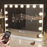 Hansong Vanity Mirror with Lights and Speaker22.8''x18.4'' Hollywood Makeup Mirror with 15 LED Bulbs Lighted Vanity Nakeup Mirror 3 Lighting Modes 10X Magnification White