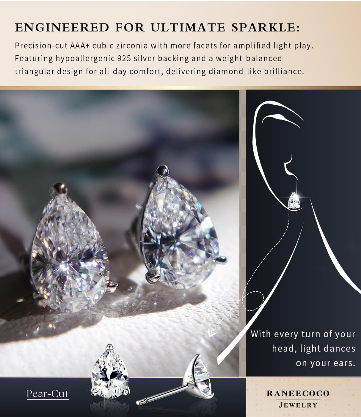 "STUNNING FLAME" 18K White Gold Plated 925 Sterling Silver Cubic Zirconia Pear Cut Stud Earrings | Teardrop CZ Studs for Women（Pear，6）