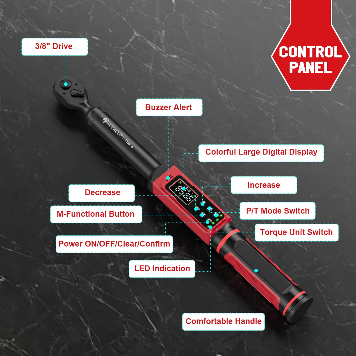 SUERCUP 3/8-inch Digital Torque Wrench(1.5-99.6Ft.Lb/2-135Nm) ±1% Accuracy Digital Torque Wrench with Vibration, Buzzer,LED Notification and Five Units of Measure, for Motorcycle, Auto Repair
