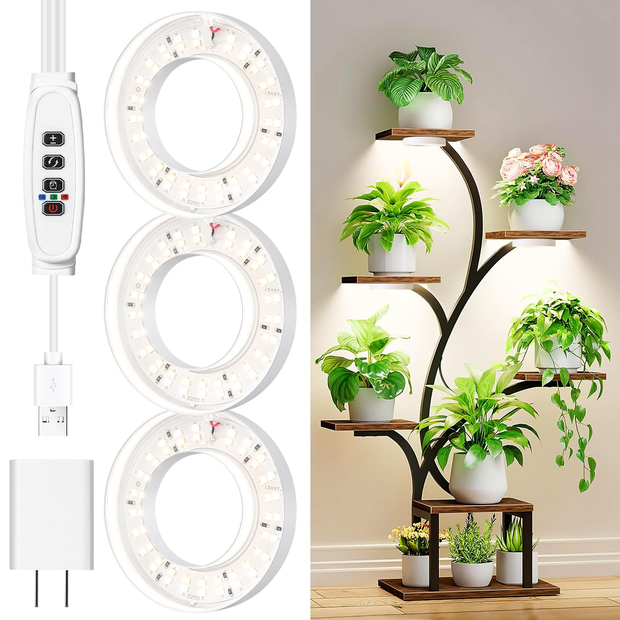 RWNTAO 3.54" Ceiling Grow Light for Indoor Plants, Warm&White Full Spectrum Plant Light, Growing Lamp with 6/12/16H Auto Timing, 10 Dimmable Brightness Levels for Small Plants, 3Head