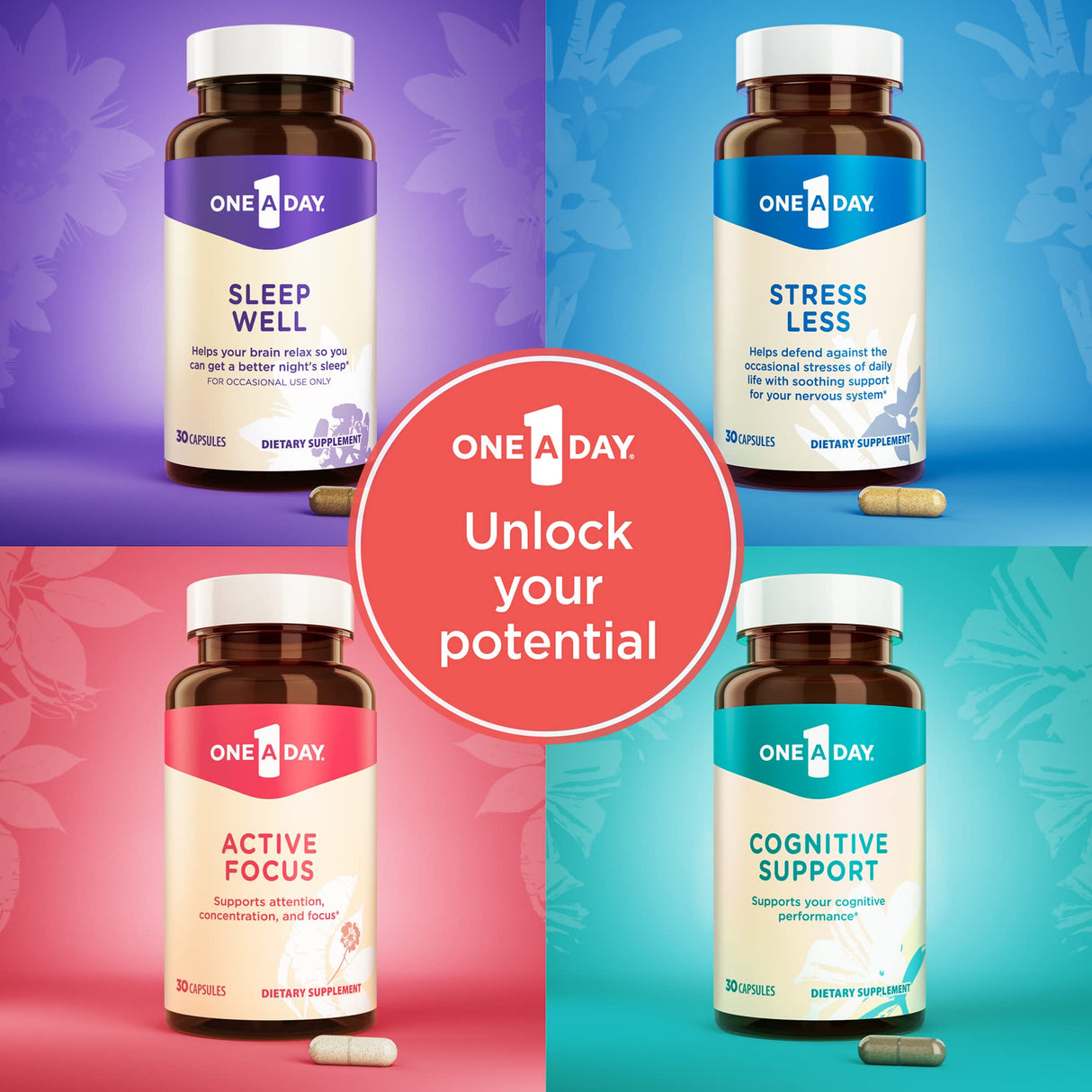 One A Day Brain Supplement – Brain Supplements for Memory and Focus Support, Concentration and Focus Support, Focus Supplement for Adults with L-theanine, Caffeine and Ginseng, 30 Capsules