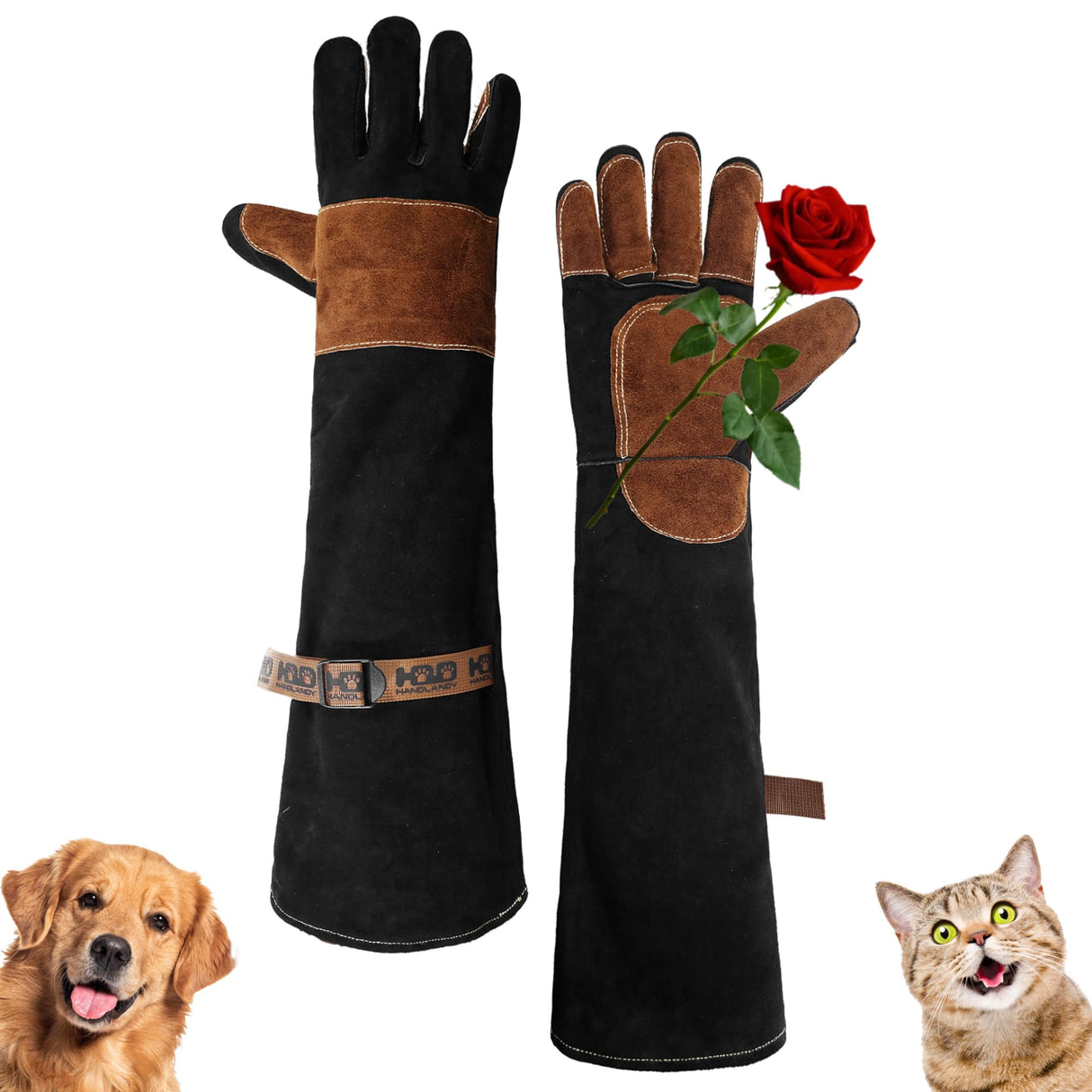 HANDLANDY Animal Handling Gloves, 24 Inches Bite-Proof, Scratch-Resistant, Pet Gloves for Dogs, Cats, Falconry, Gardening (Black Brown)