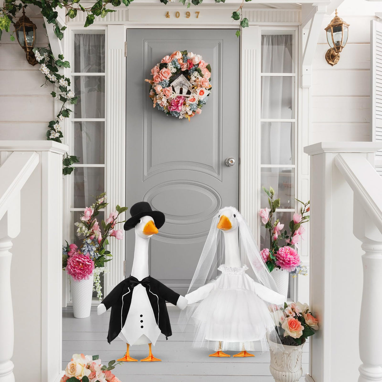 Geyoga 2 Sets Wedding Porch Goose Outfits for 23'' Goose Couple Bridegroom Suit Blazer Bride Wedding Dresses Couple Costume(Classic Style)