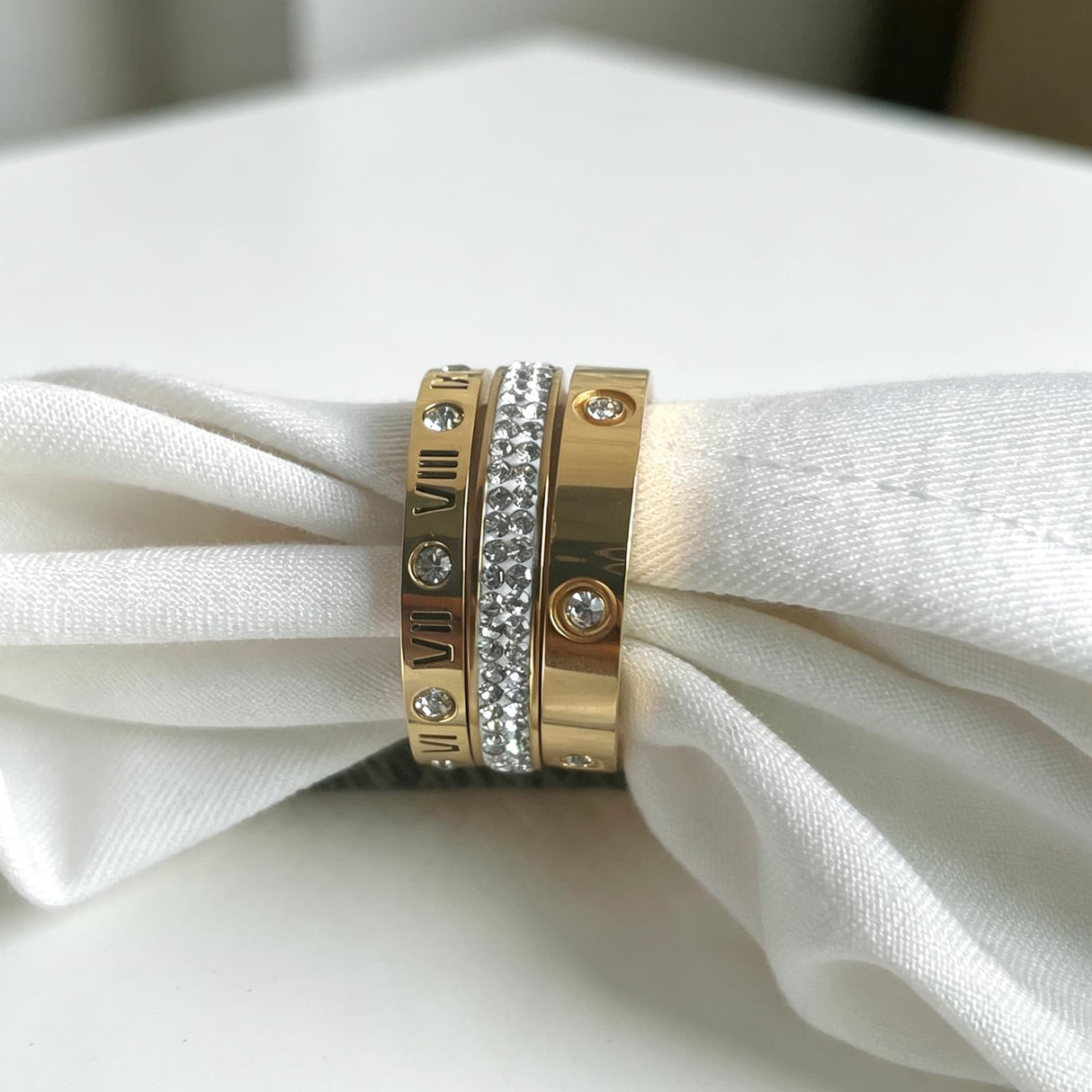 YIKOXI 3pcs Love Friendship Lucky Ring Cubic Zirconia Gold Ring Sets for Women Stainless Steel Wedding Statement Thumb Ring Bands (Gold, 7)
